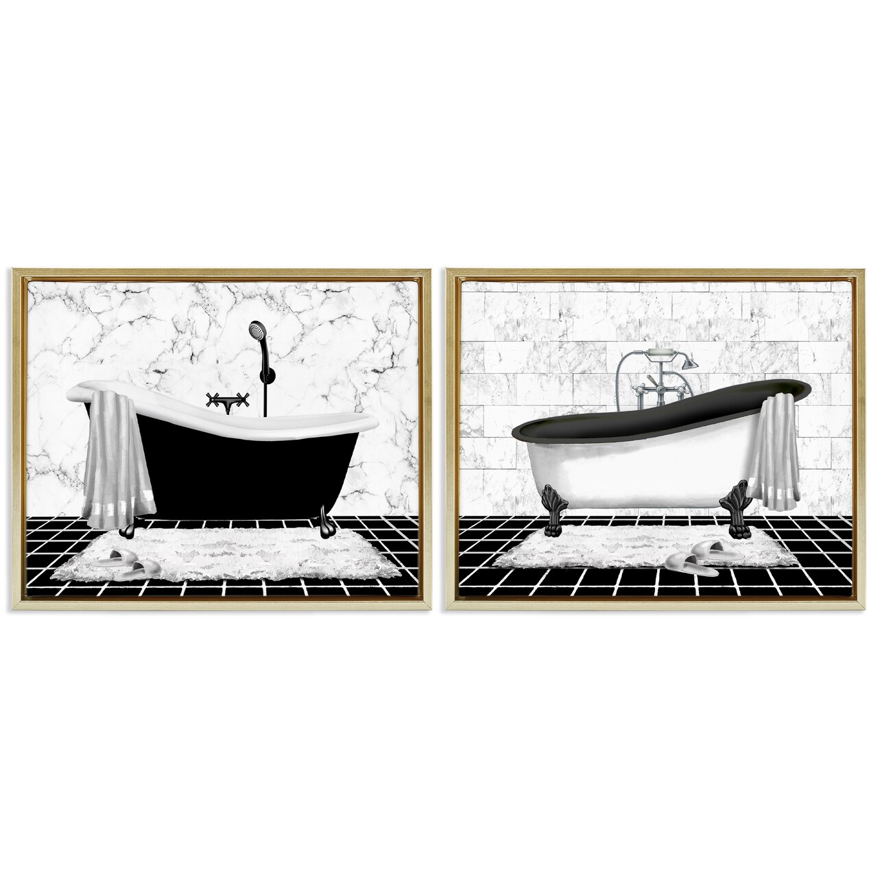 Stupell Industries Marble Clawfoot Soaking Tub 2 pc Framed Floater Canvas Wall Art Set Design by Conrad Knutsen